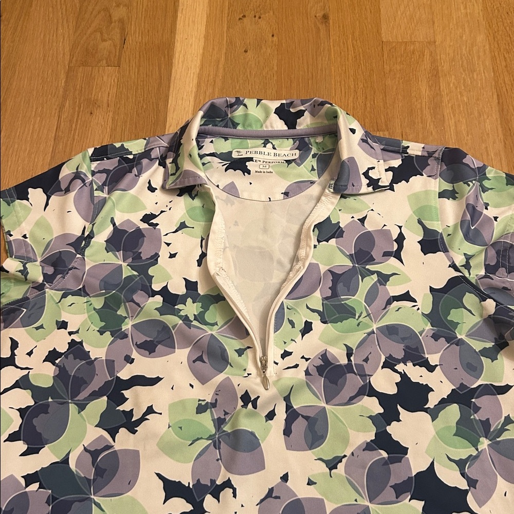 Pebble Beach Floral White Green Purple Short Sleeve Golf Top Women’s Size Medium - Picture 9 of 15